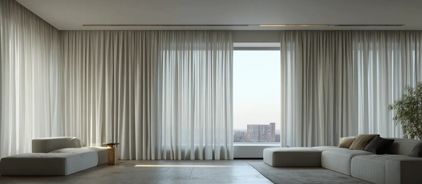 Ripple fold matte curtains on a ceiling track with blackout lining — final result by ONIITO in New York