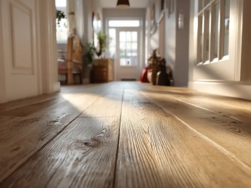 Wide-plank wood floor running the length of a hallway toward a front door with no threshold strip