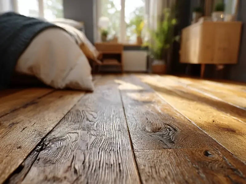 Wide rustic plank floor running beneath a bed and dresser in a sunlit bedroom
