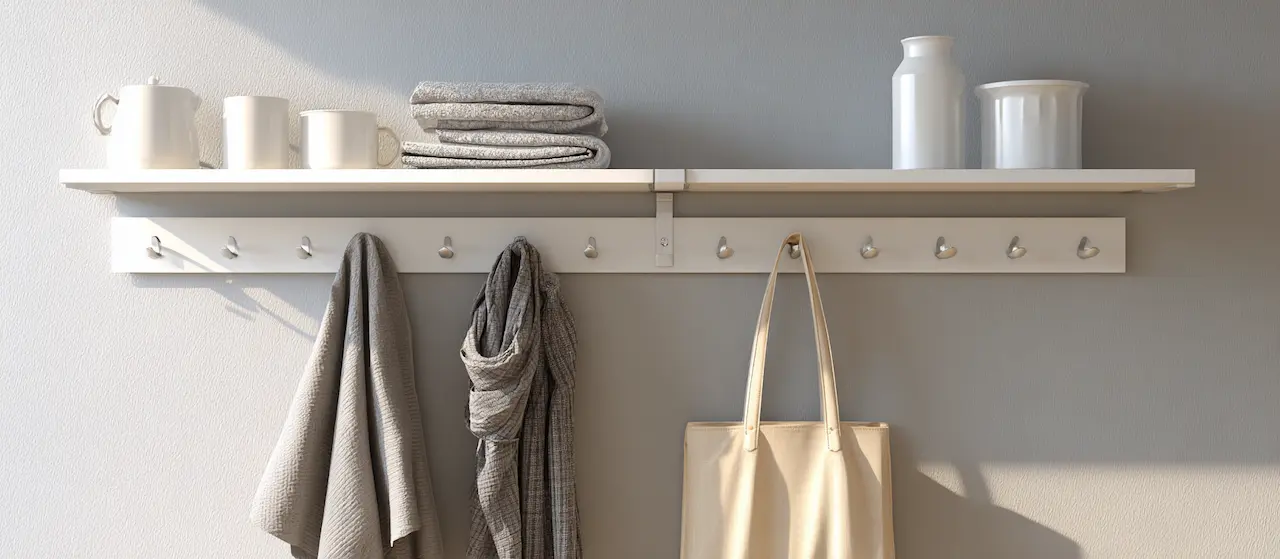Wall shelf and hook rail mounted level, holding folded towels and a bag