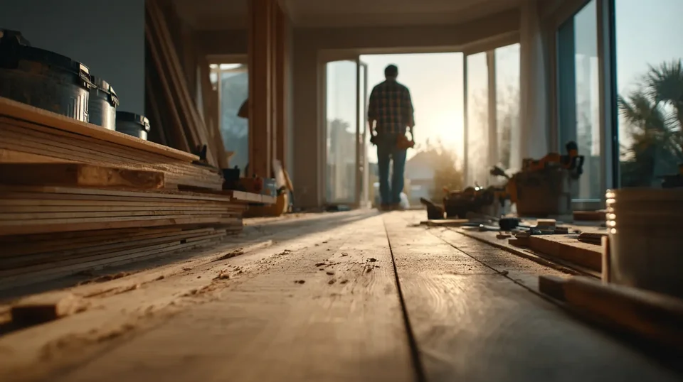 Tradesman working in a sunlit New York apartment part-way through a floor installation