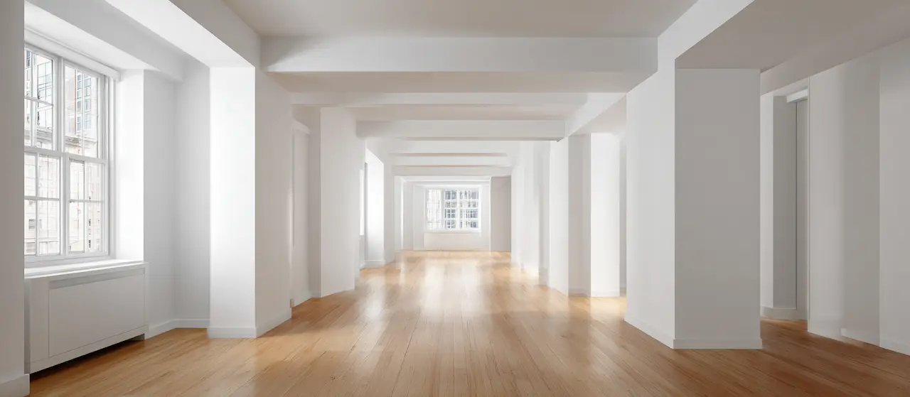 Freshly painted white apartment room with clean trim lines and a bare wood floor