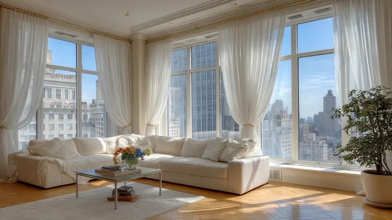 Full-length white curtains at tall New York living-room windows