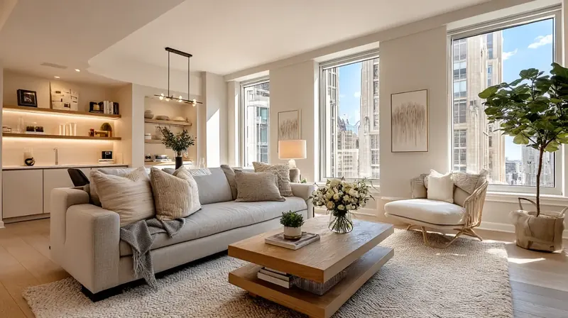 Furnished living room with an assembled sofa, coffee table and shelving