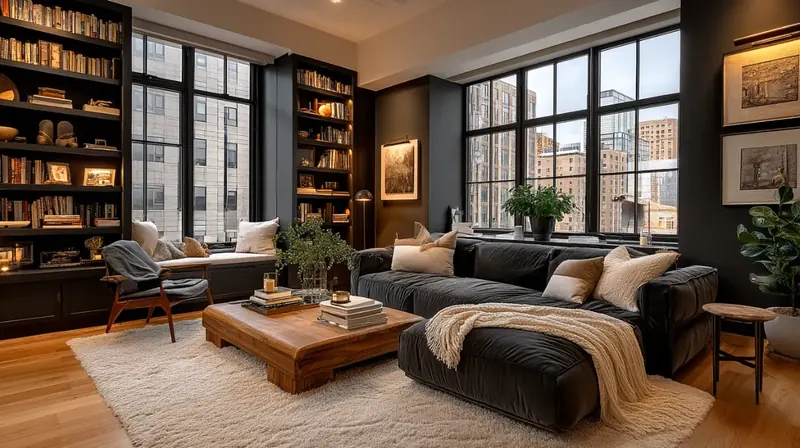 Study with framed art and built-in shelving mounted along a dark wall