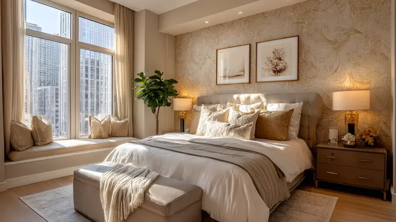 New York bedroom with a subtly textured wallcovering behind the bed