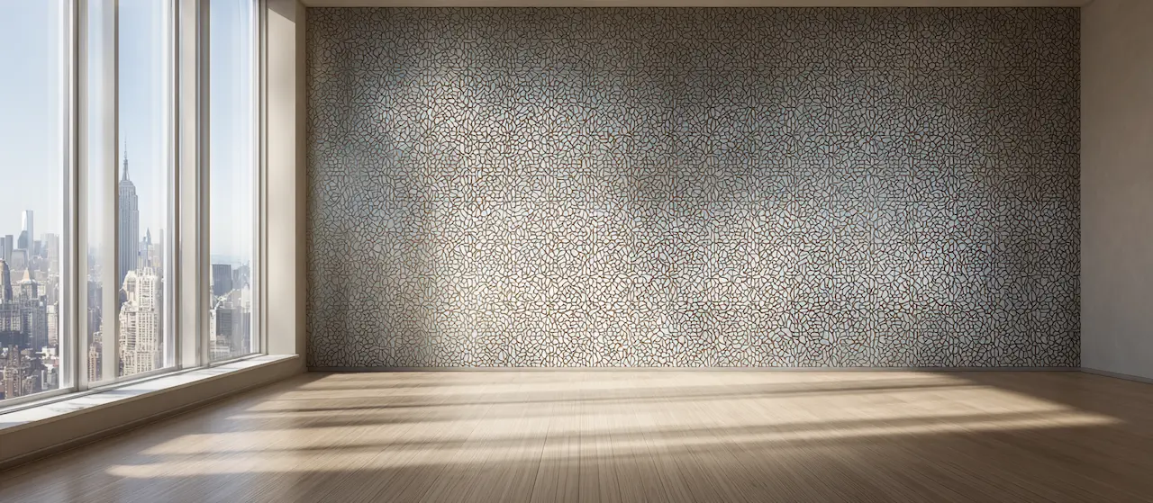 Textured feature wallcovering running the length of a wall beside floor-to-ceiling windows