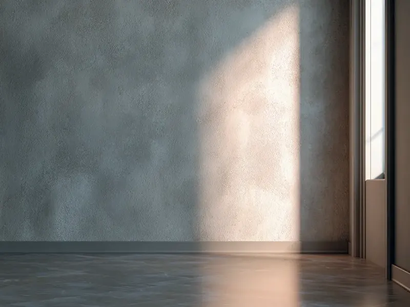 Plaster-effect wallcovering under strong raking daylight with no seams visible across the wall