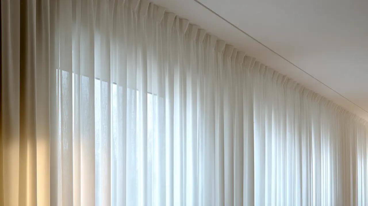 Ripple fold matte curtains on ceiling track with consistent wave spacing — Manhattan living room